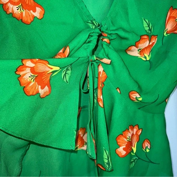 &Topshop green with orange flowers floral top blouse shirt with tie front new 4 - Picture 2 of 10